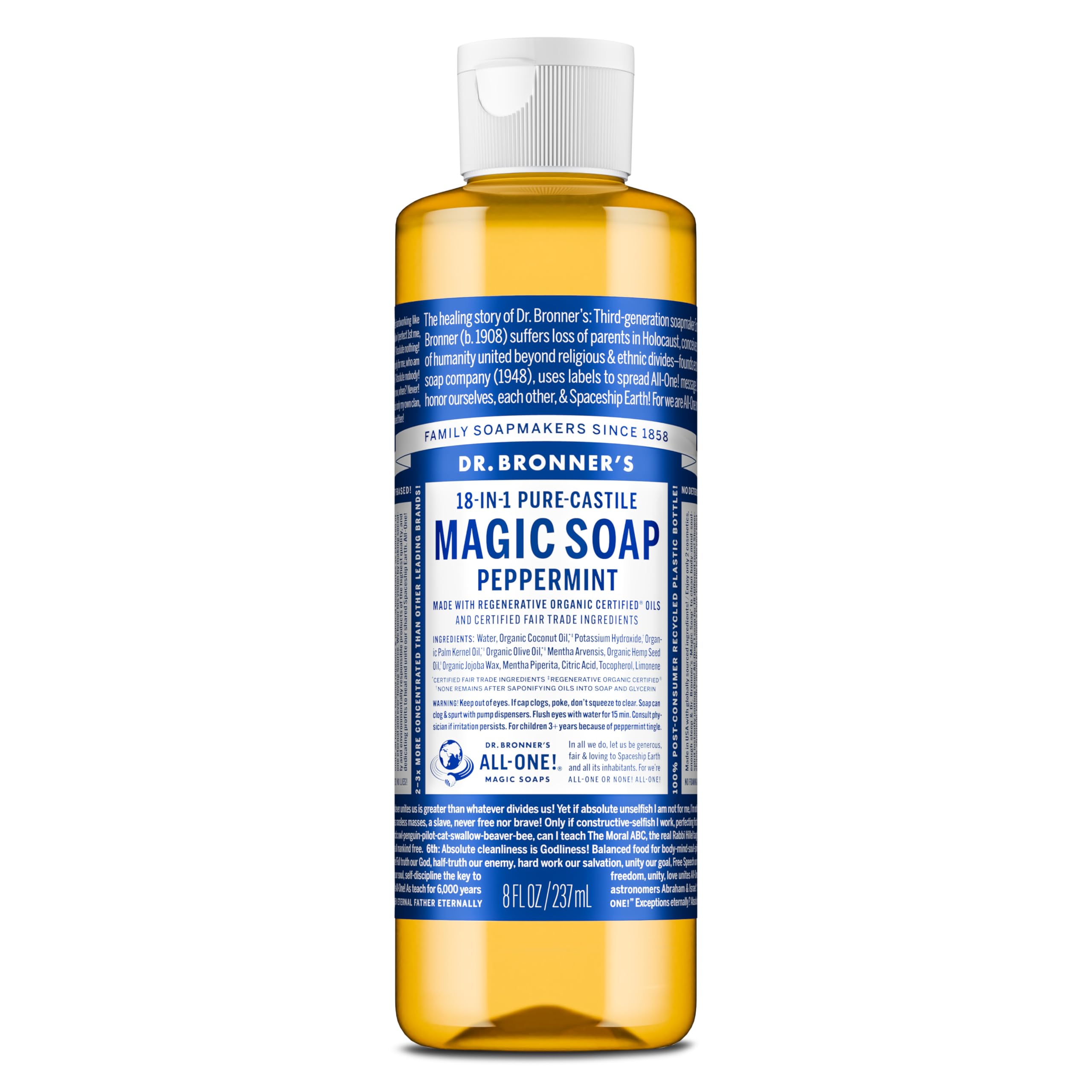 Dr. Bronner's peppermint Pure-Castile bottle ready for versatile cleansing