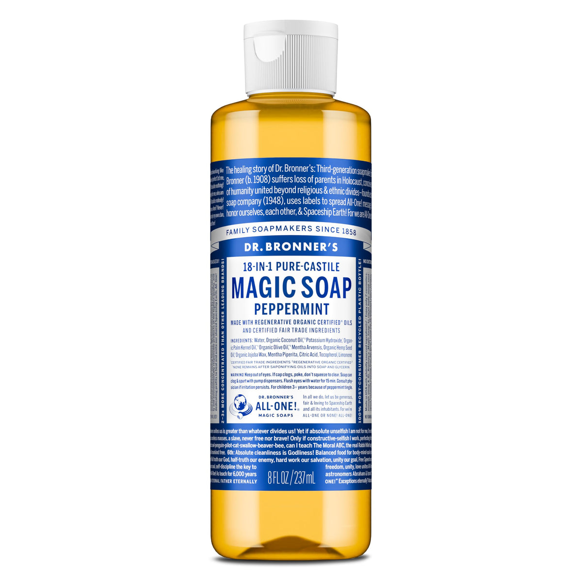 Dr. Bronner's peppermint Pure-Castile bottle ready for versatile cleansing