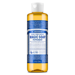 Dr. Bronner's peppermint Pure-Castile bottle ready for versatile cleansing