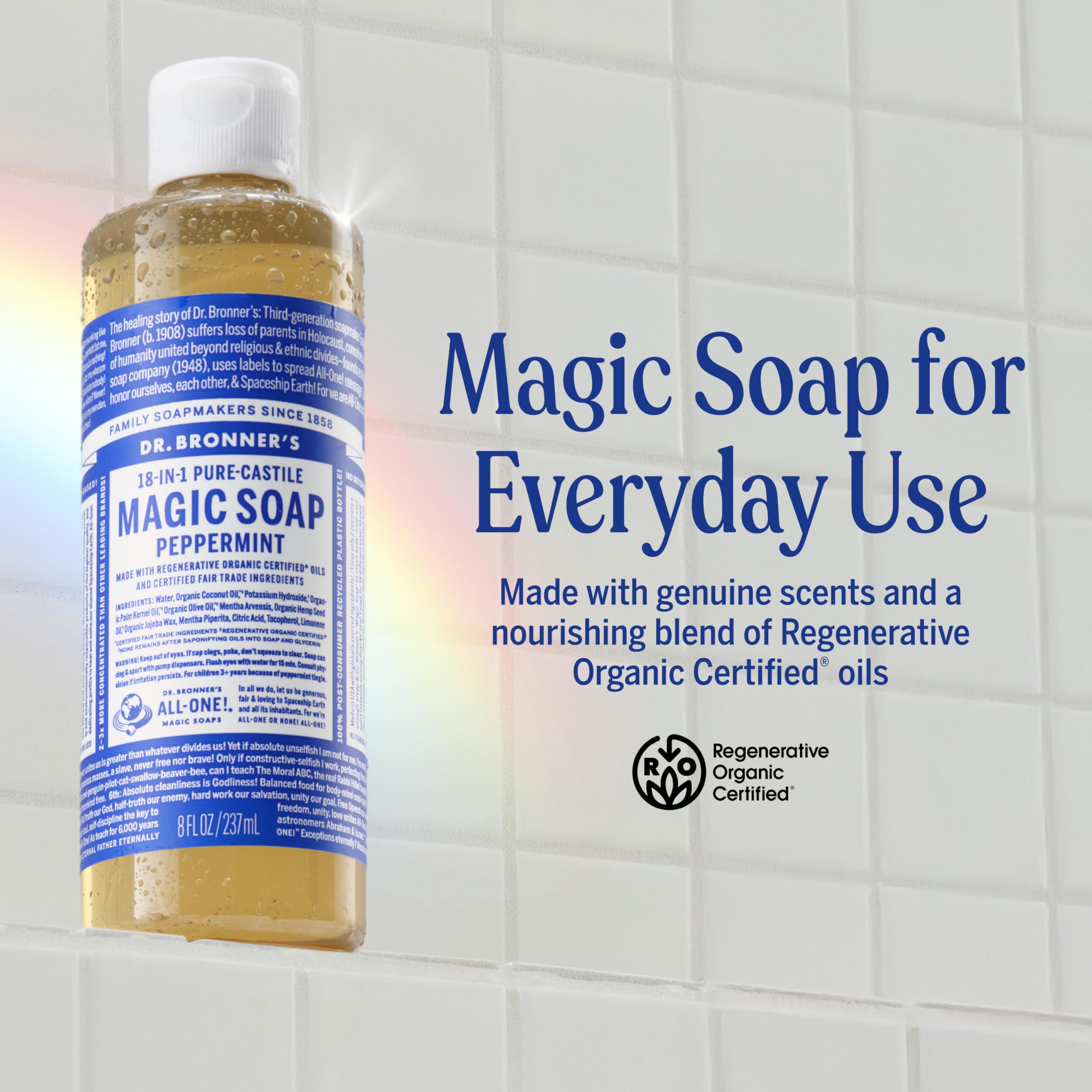 Dr. Bronner's peppermint soap pour for quick dilution and use