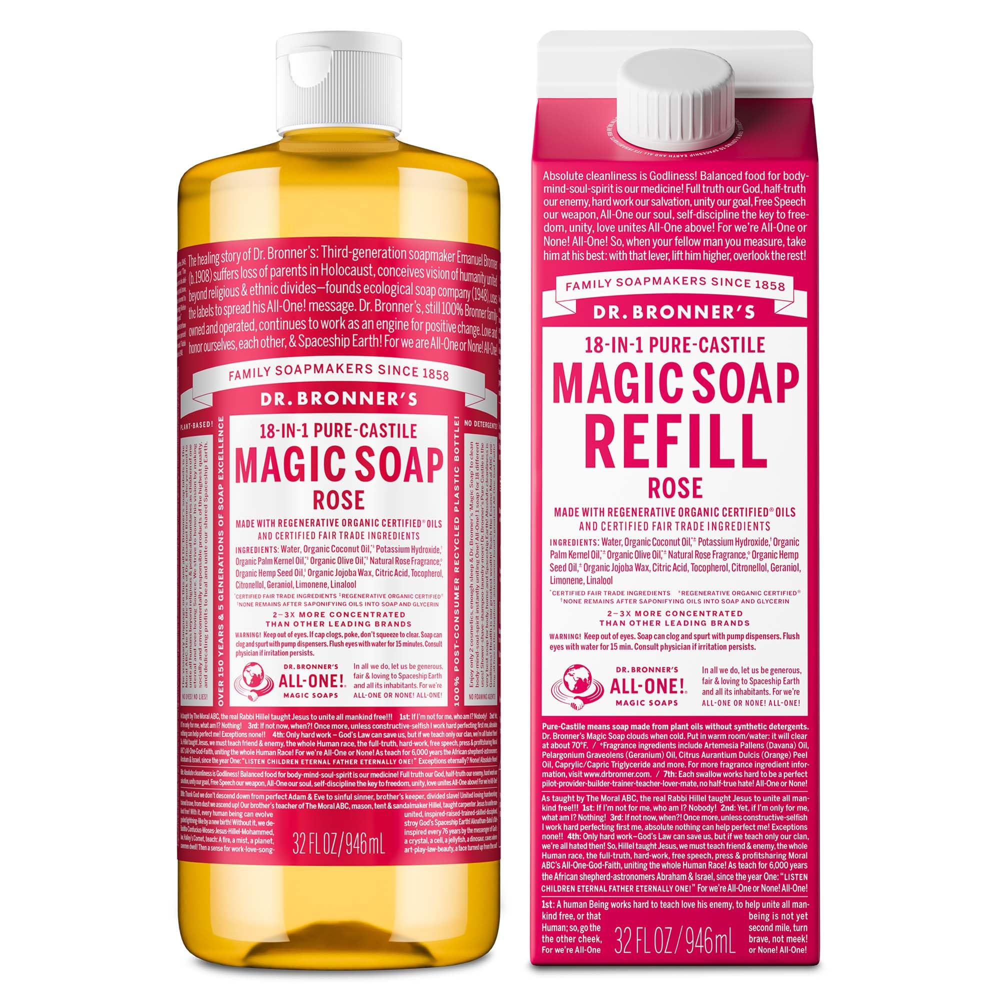 Dr. Bronner's Rose Castile bottle, 32oz, ideal for body wash.