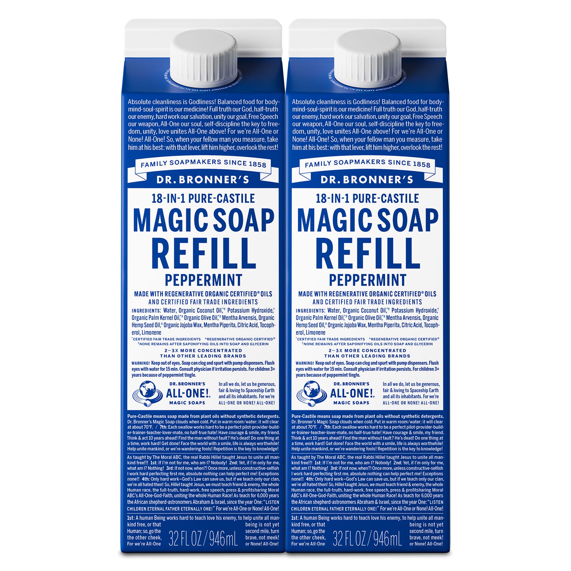 Dr. Bronner's Peppermint refill bottle 32 oz for body care and home cleaning