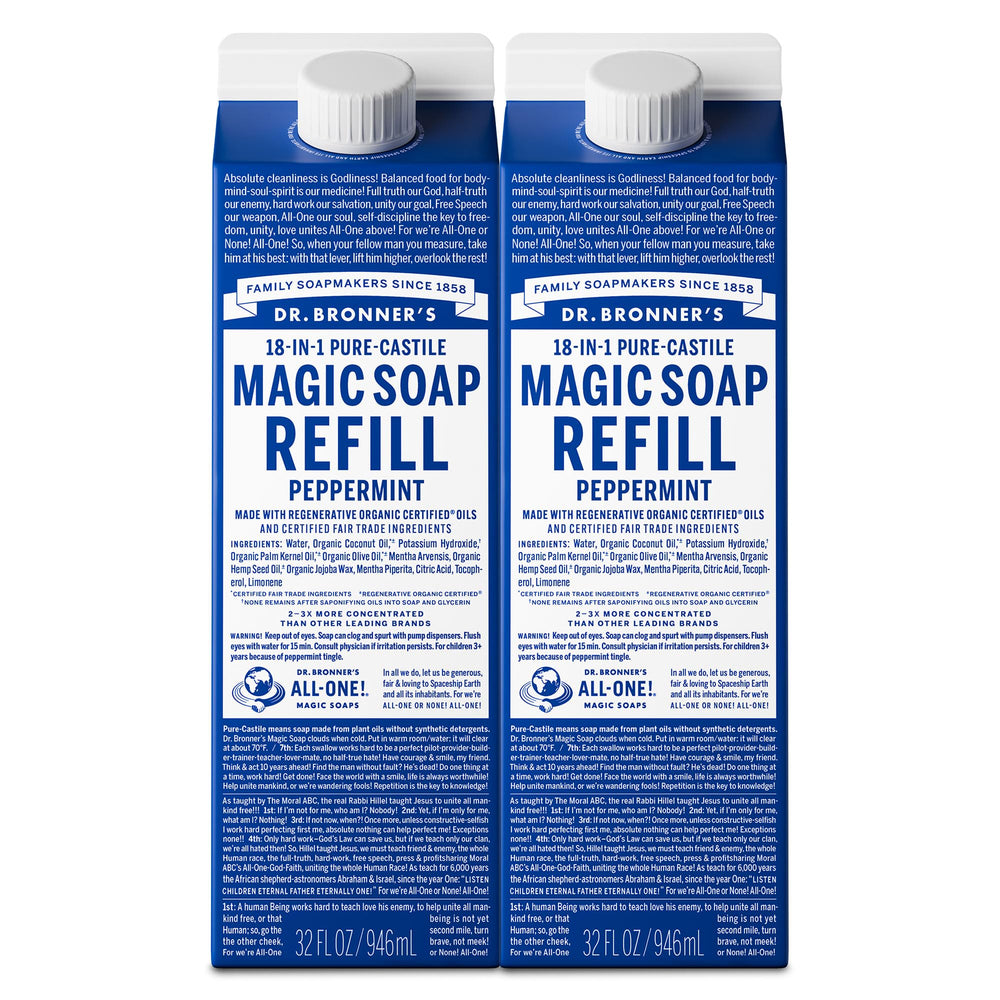 Dr. Bronner's Peppermint refill bottle 32 oz for body care and home cleaning