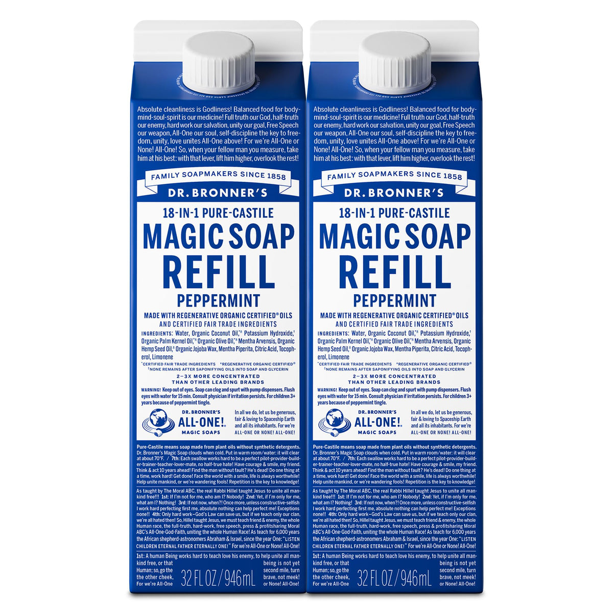 Dr. Bronner's Peppermint refill bottle 32 oz for body care and home cleaning
