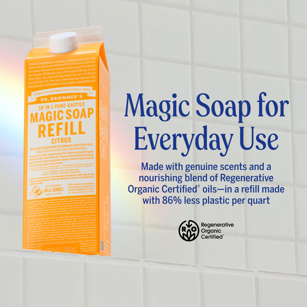 Refill carton shown, highlighting reduced plastic per quart