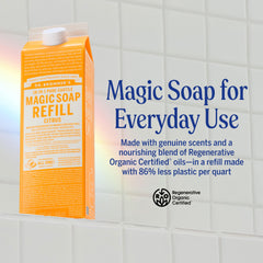 Refill carton shown, highlighting reduced plastic per quart