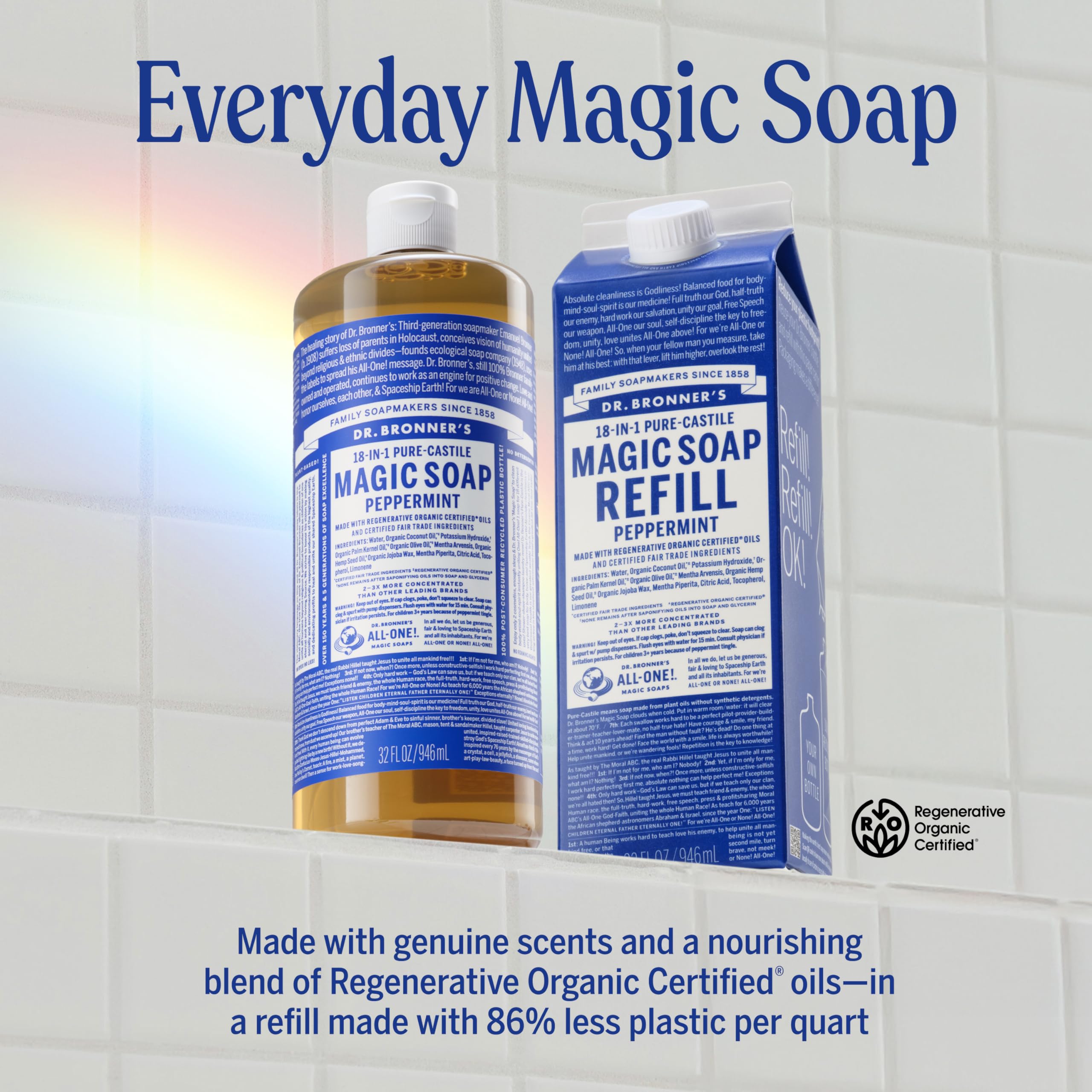 Refill carton of Dr. Bronner's Peppermint soap promotes easy, eco-friendly refills
