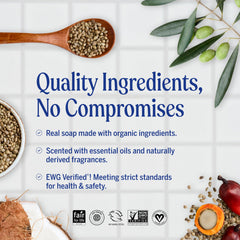Dr. Bronner's almond liquid soap close-up shows rich lather and skin-refreshing rinse.