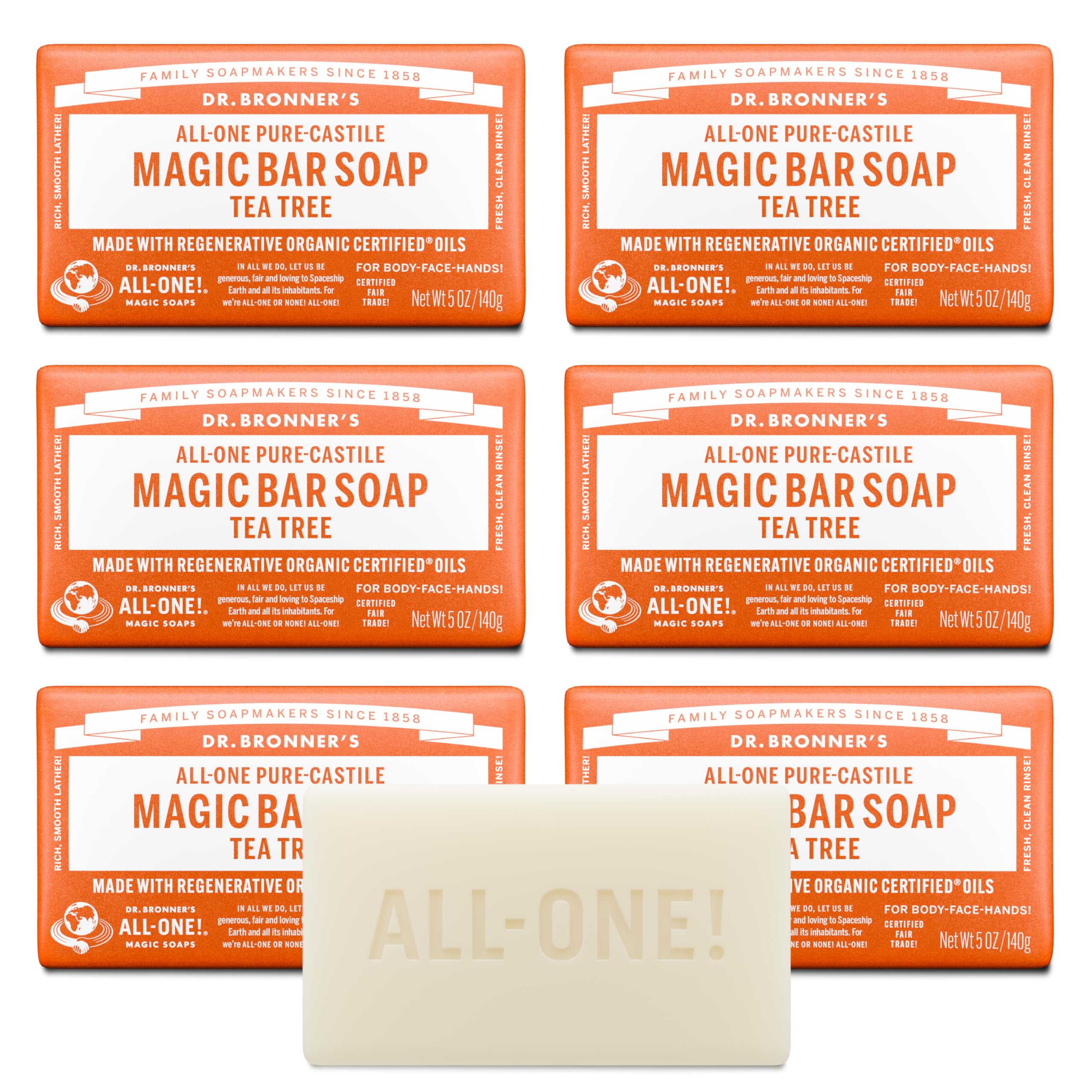 Dr. Bronner's Tea Tree Bar Soap packaging highlights recycled materials.