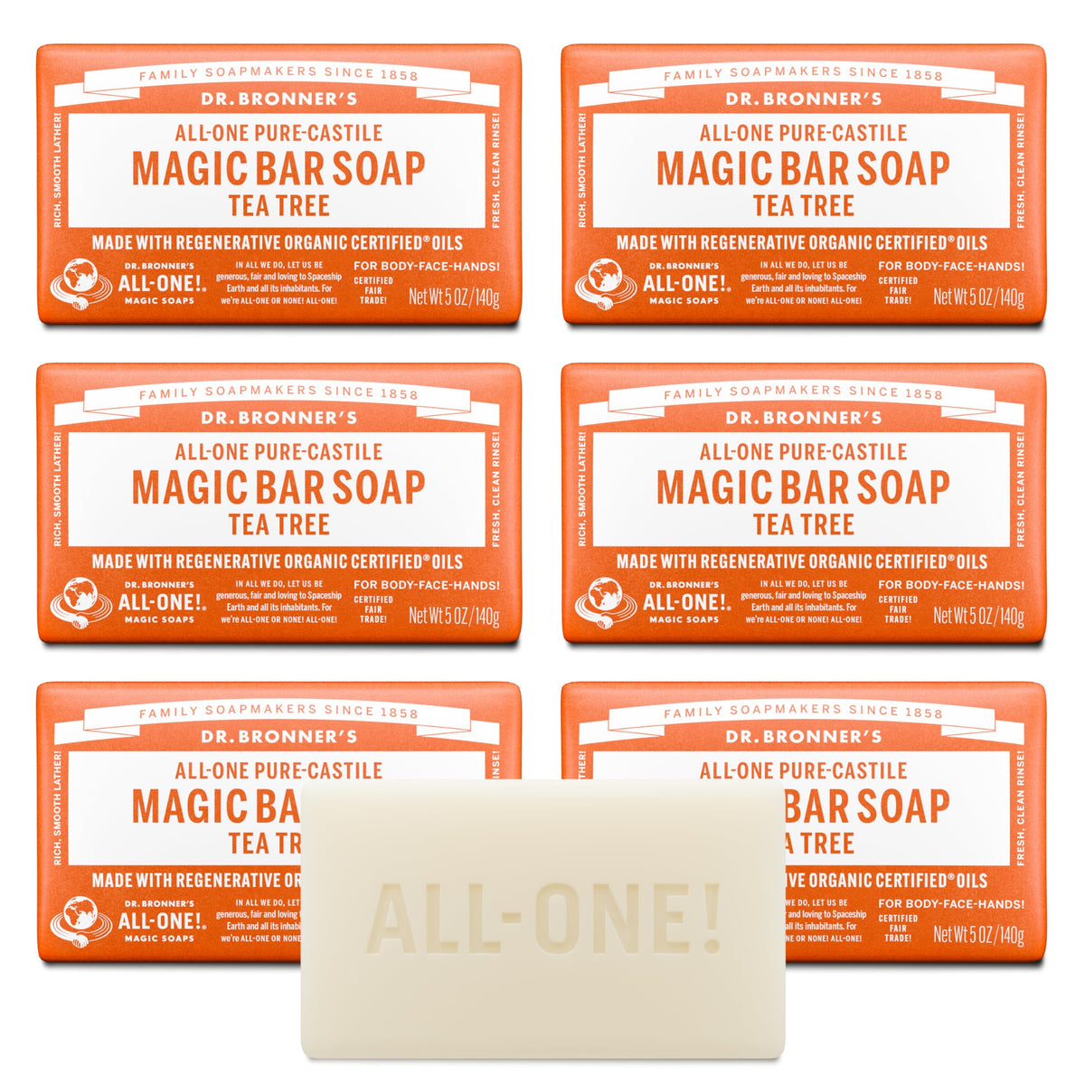 Dr. Bronner's Tea Tree Bar Soap packaging highlights recycled materials.