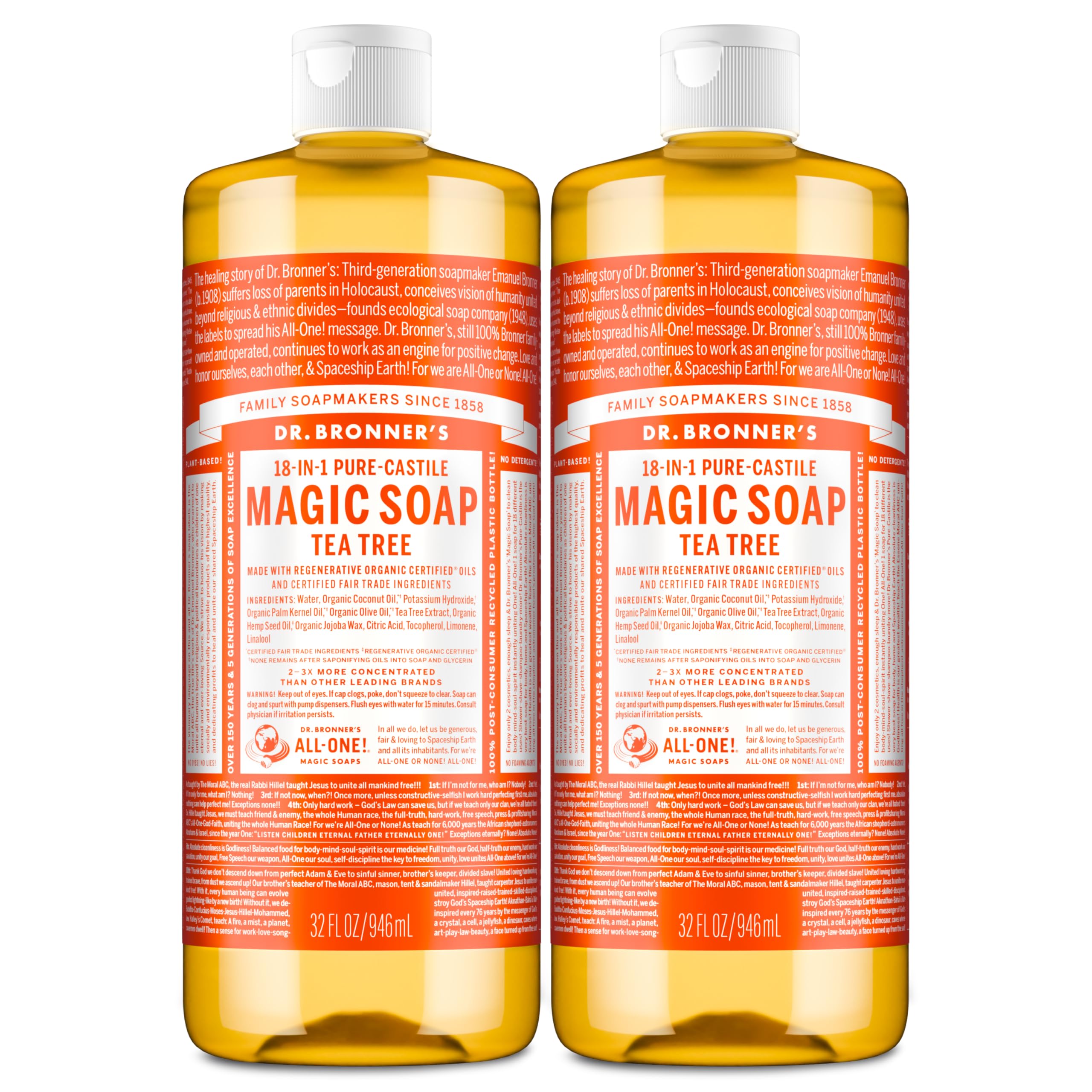 Dr. Bronner's Tea Tree Pure-Castile Soap bottle, 32 oz two-pack, value
