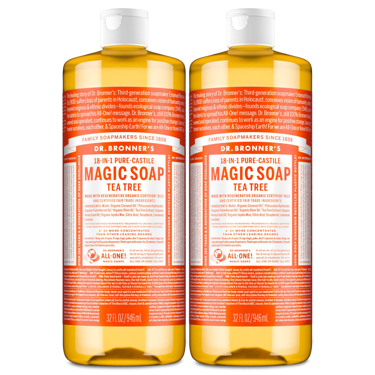 Dr. Bronner's Tea Tree Pure-Castile Soap bottle, 32 oz two-pack, value