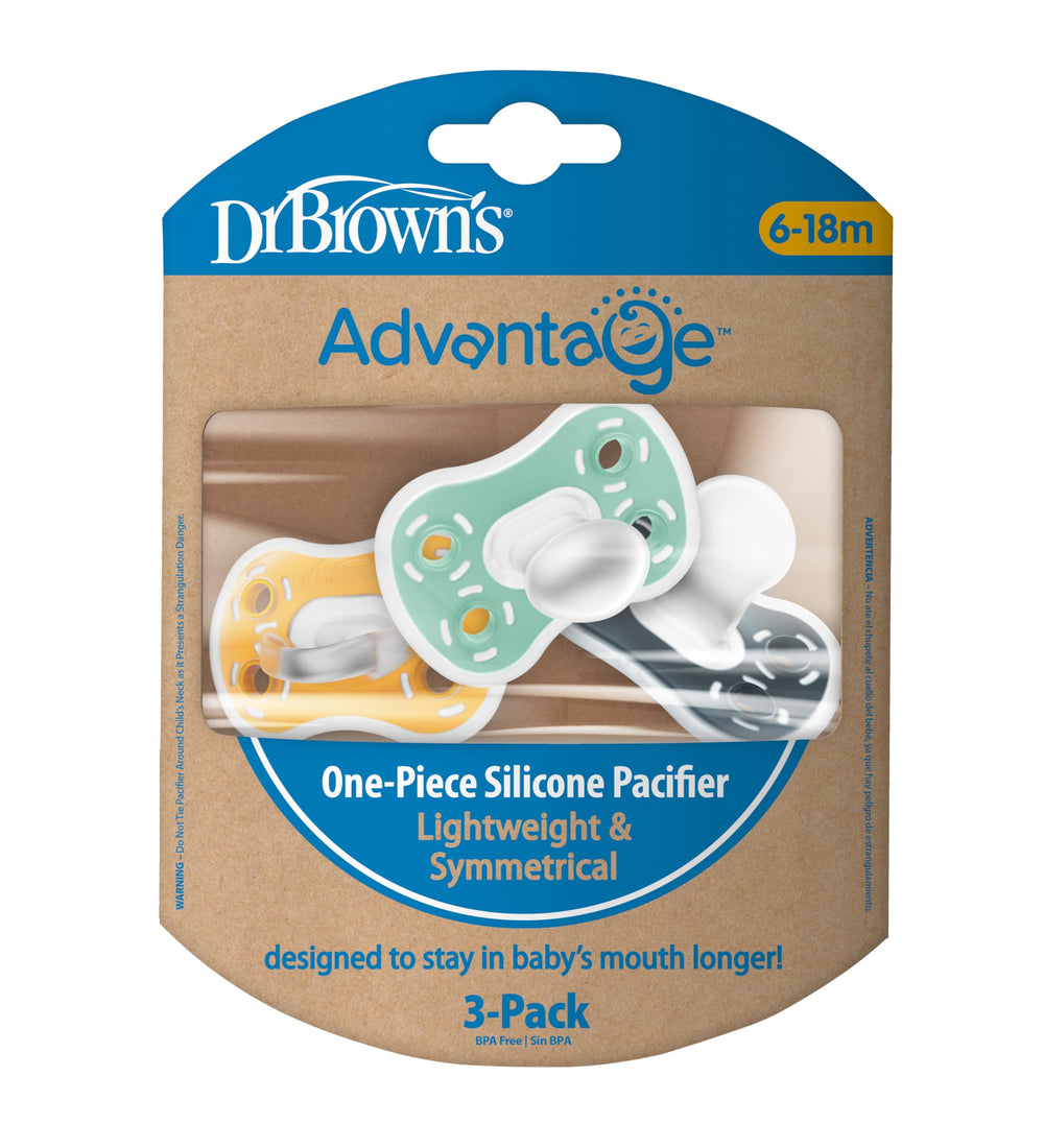 Dr. Brown's Advantage One-Piece Pacifier features a reversible bulb for easy acceptance.