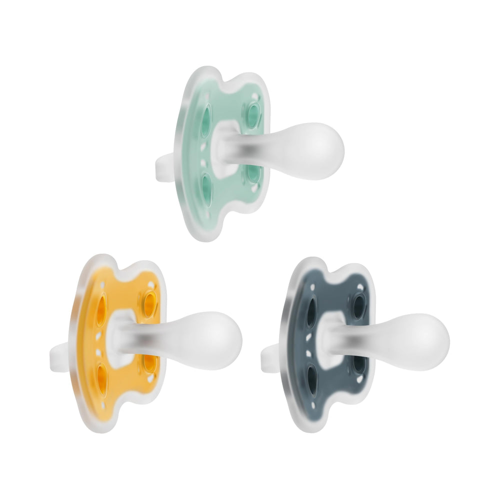Dr. Brown's Advantage One-Piece Pacifier close-up shows soft silicone texture for gentle skin contact.