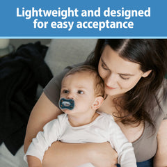 Dr. Brown's one-piece pacifier has a thin stem for minimal intrusion.
