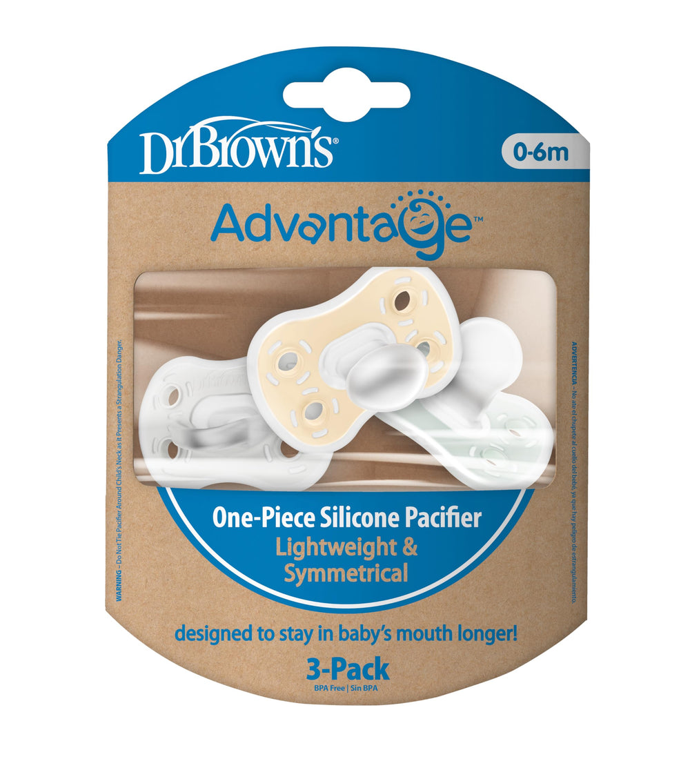 Dr. Brown's Advantage One-Piece Pacifier with reversible bulb for easy acceptance in any direction.
