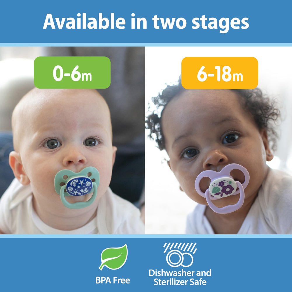 Dr. Brown's Advantage top-rack dishwasher-safe pacifier for easy cleaning.