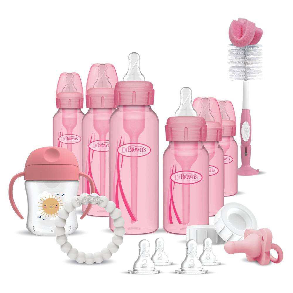 Dr. Brown's anti-colic pink bottle with vent system reduces spit-up and gas.