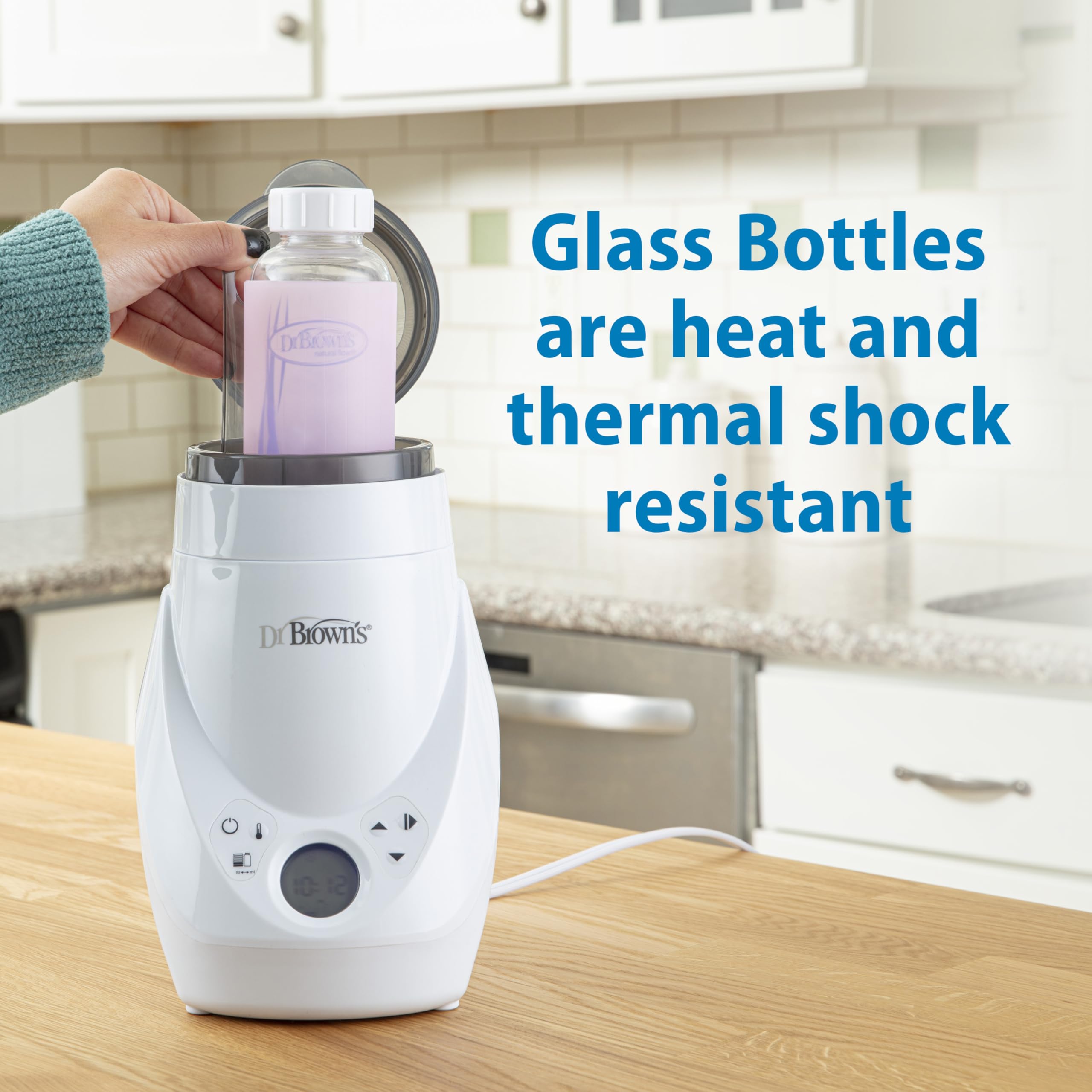 Dr. Brown's borosilicate glass bottle showcases durable, heat resistant design
