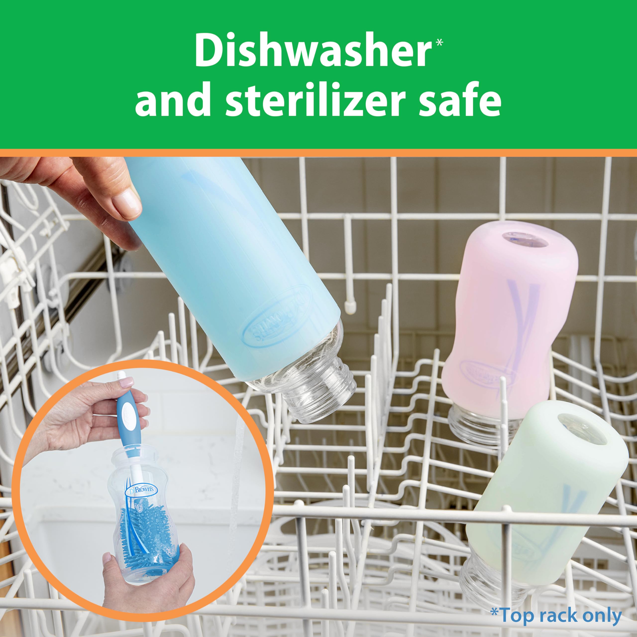BPA-free glass bottle by Dr. Brown's ensures safe feeding materials.