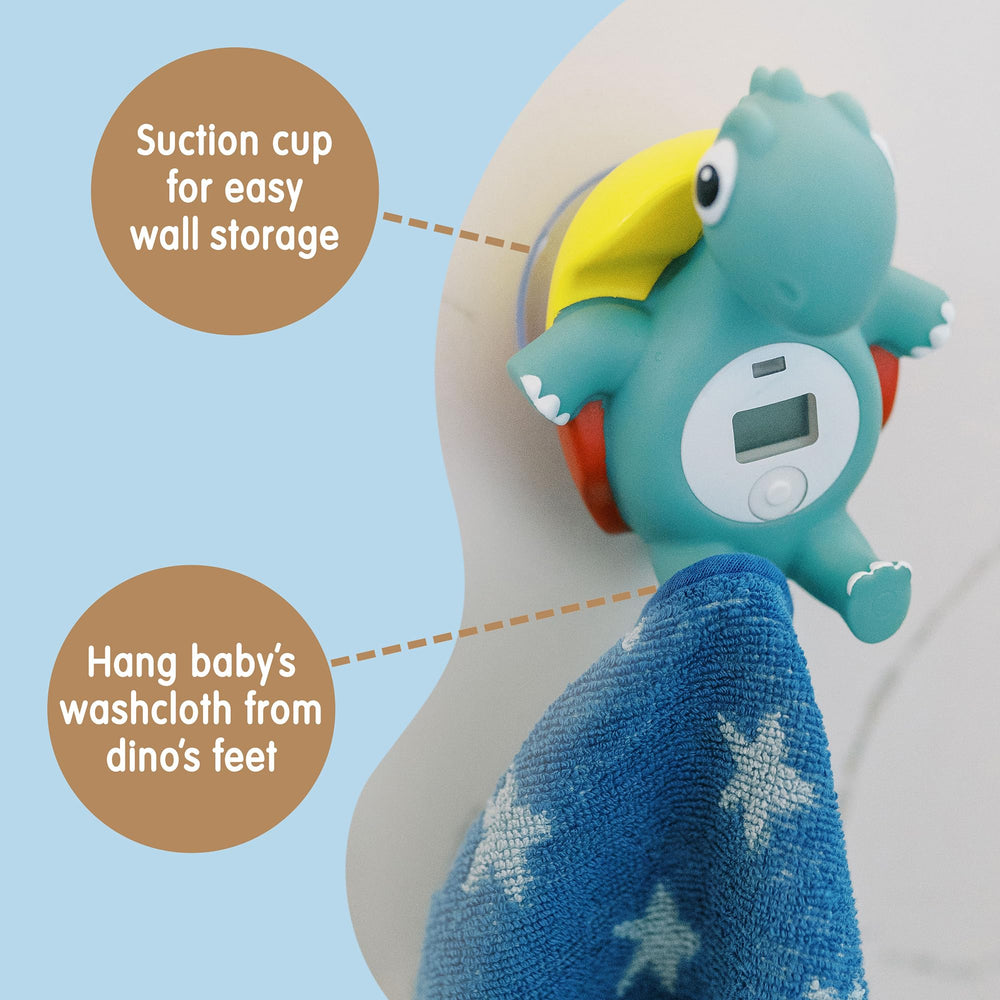 Dino feet double as convenient washcloth hooks near the tub.