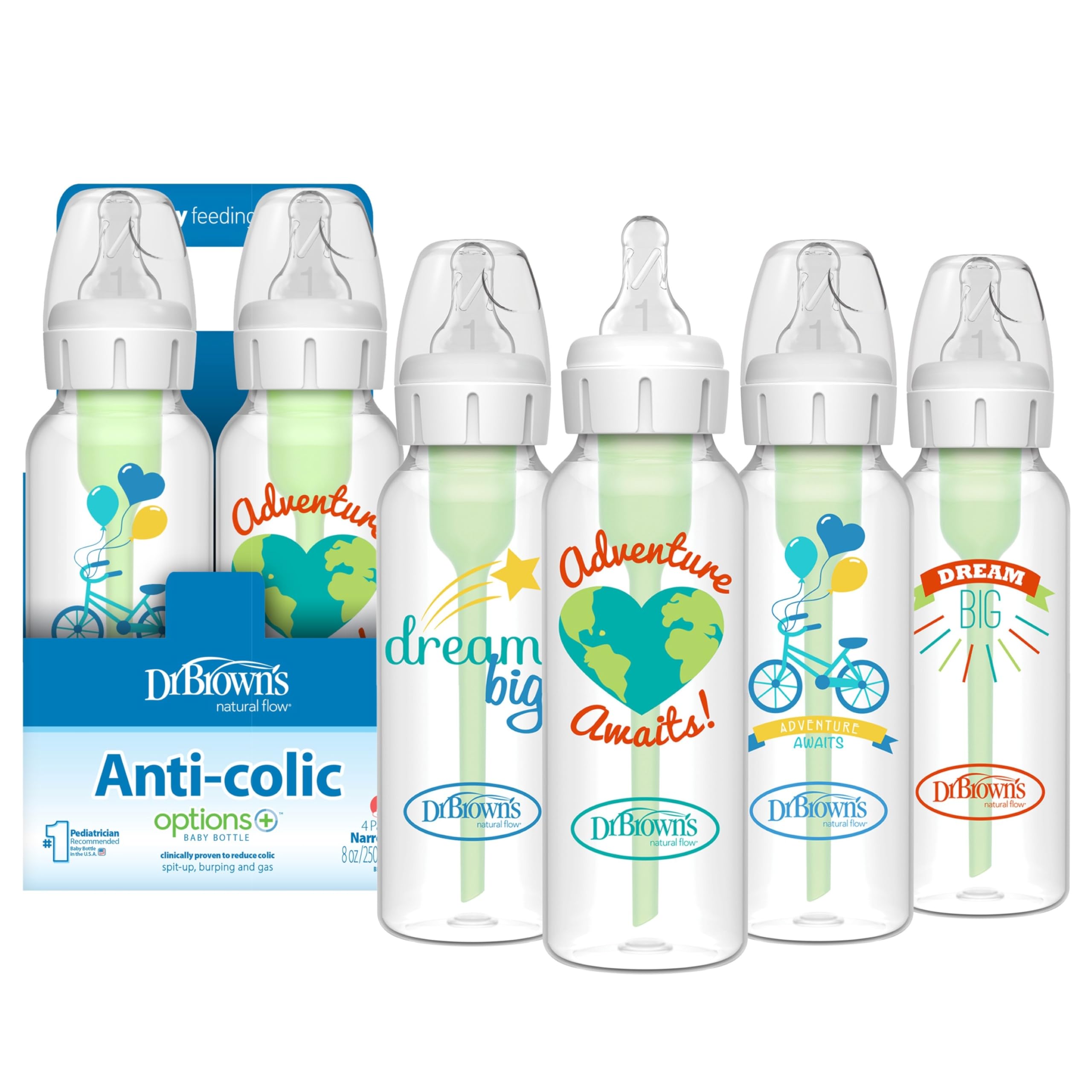 Dr. Brown's Dream Adventure bottle front view with Level 1 nipple for gentle feeding.
