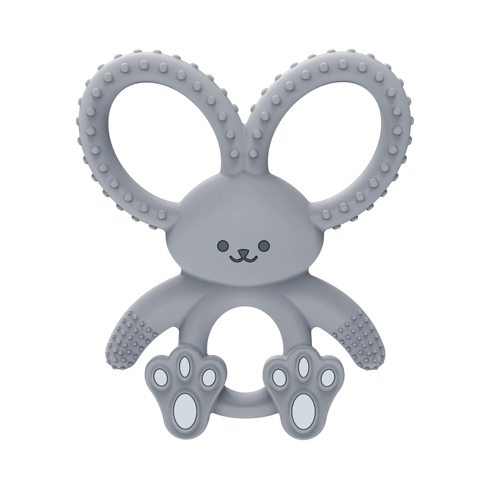 Dr. Brown's Flexees Bunny Teether gray bunny with soft silicone soothes tender gums.