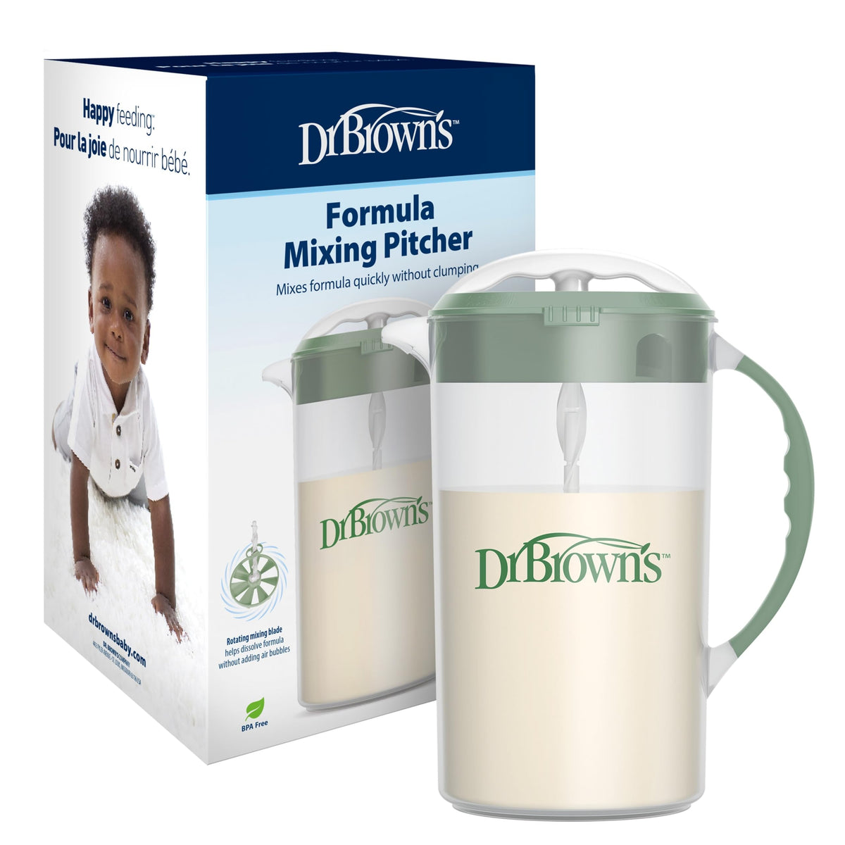 Dr. Brown's formula pitcher in olive color for quick, clump-free mixing