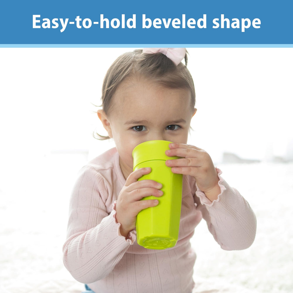 Pink Milestones Cheers 360 cup held by child for easy identification