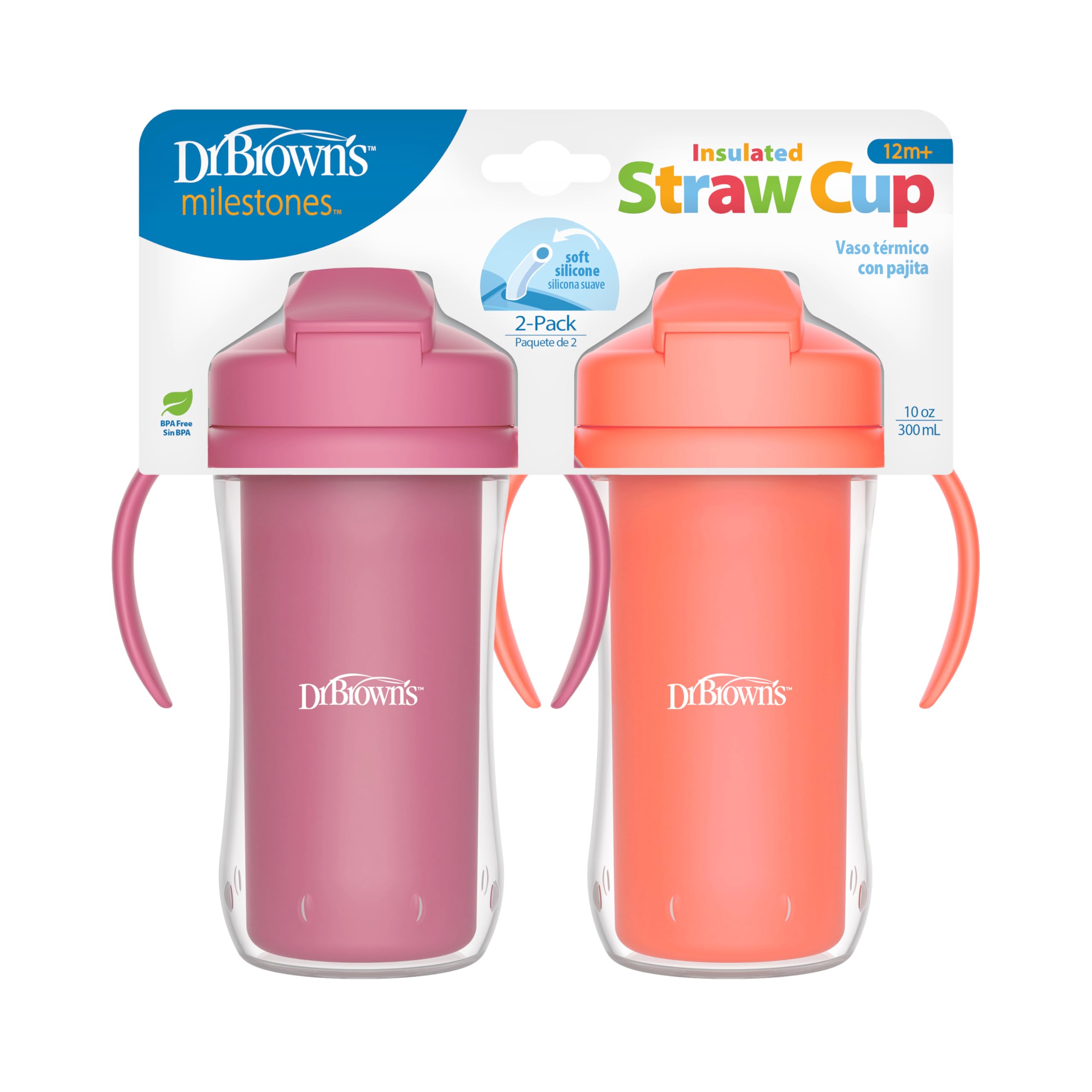 Dr. Brown's Milestones insulated straw cup pink coral 2-pack for on-the-go hydration