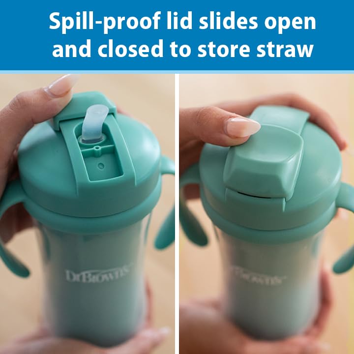 Sliding lid keeps straw clean and liquid inside Dr. Brown's Milestones cup.