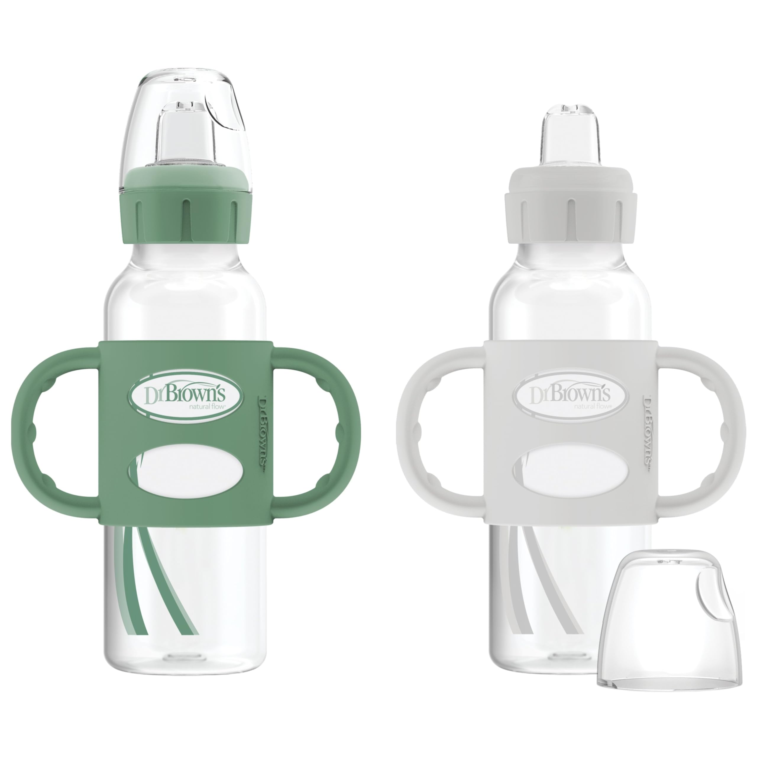 Dr. Brown's Milestones 8oz narrow sippy bottle in green and gray for easy learning transitions.