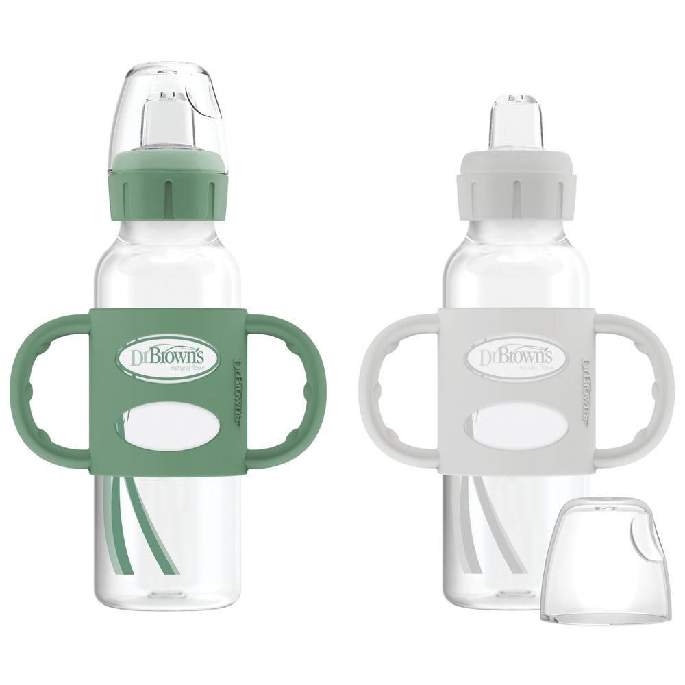 Dr. Brown's Milestones 8oz narrow sippy bottle in green and gray for easy learning transitions.