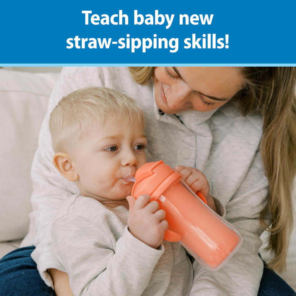 Sliding lid Dr. Brown's Milestones straw cup keeps straw clean