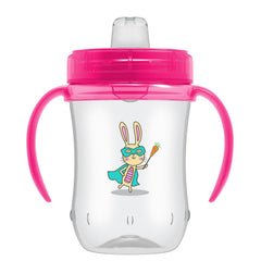 Dr. Brown's Milestones soft spout cup with pink bunny design for spill-free learning.