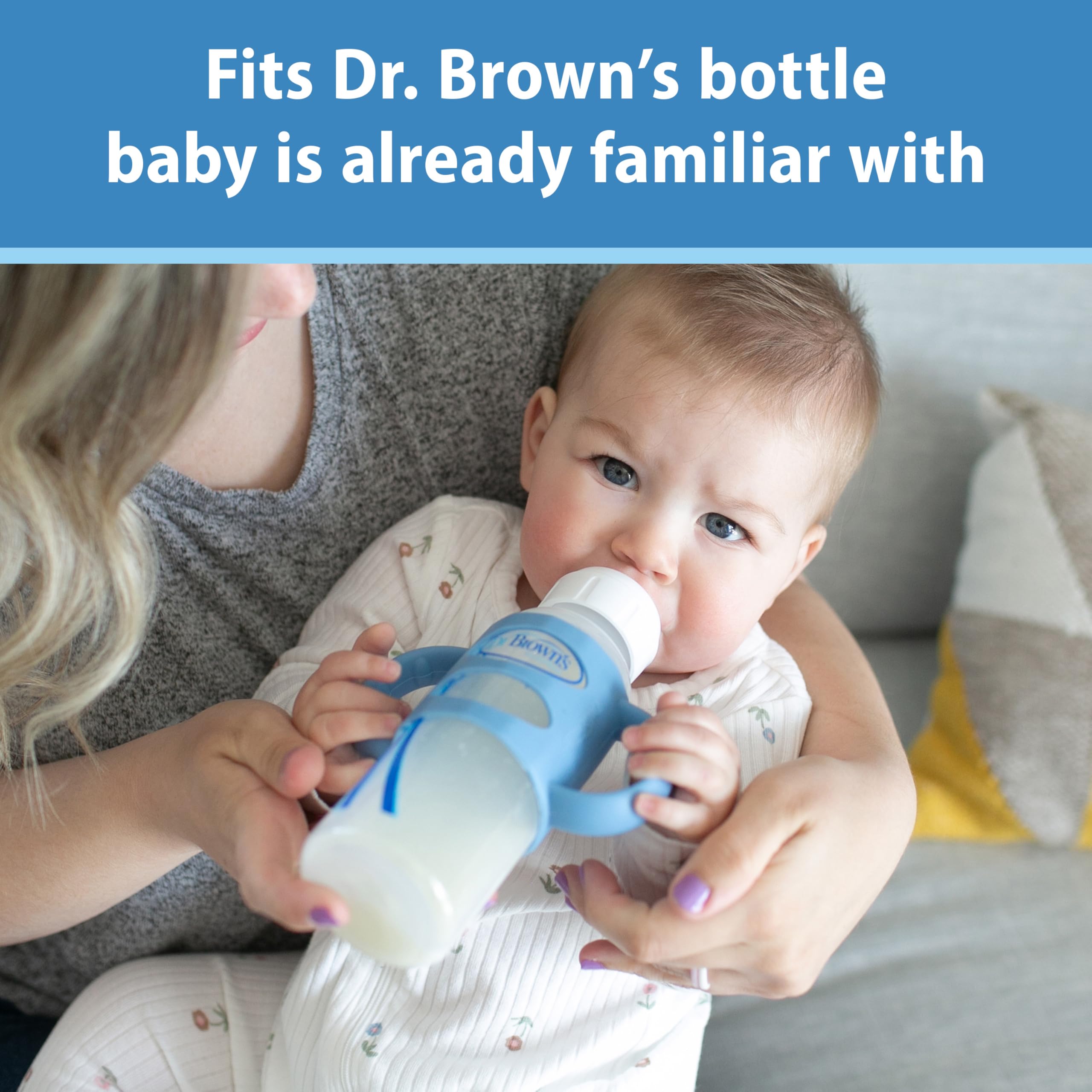 Dr Brown's narrow bottle handles in green on bottle for confident feeding.