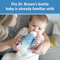 Dr Brown's narrow bottle handles in green on bottle for confident feeding.