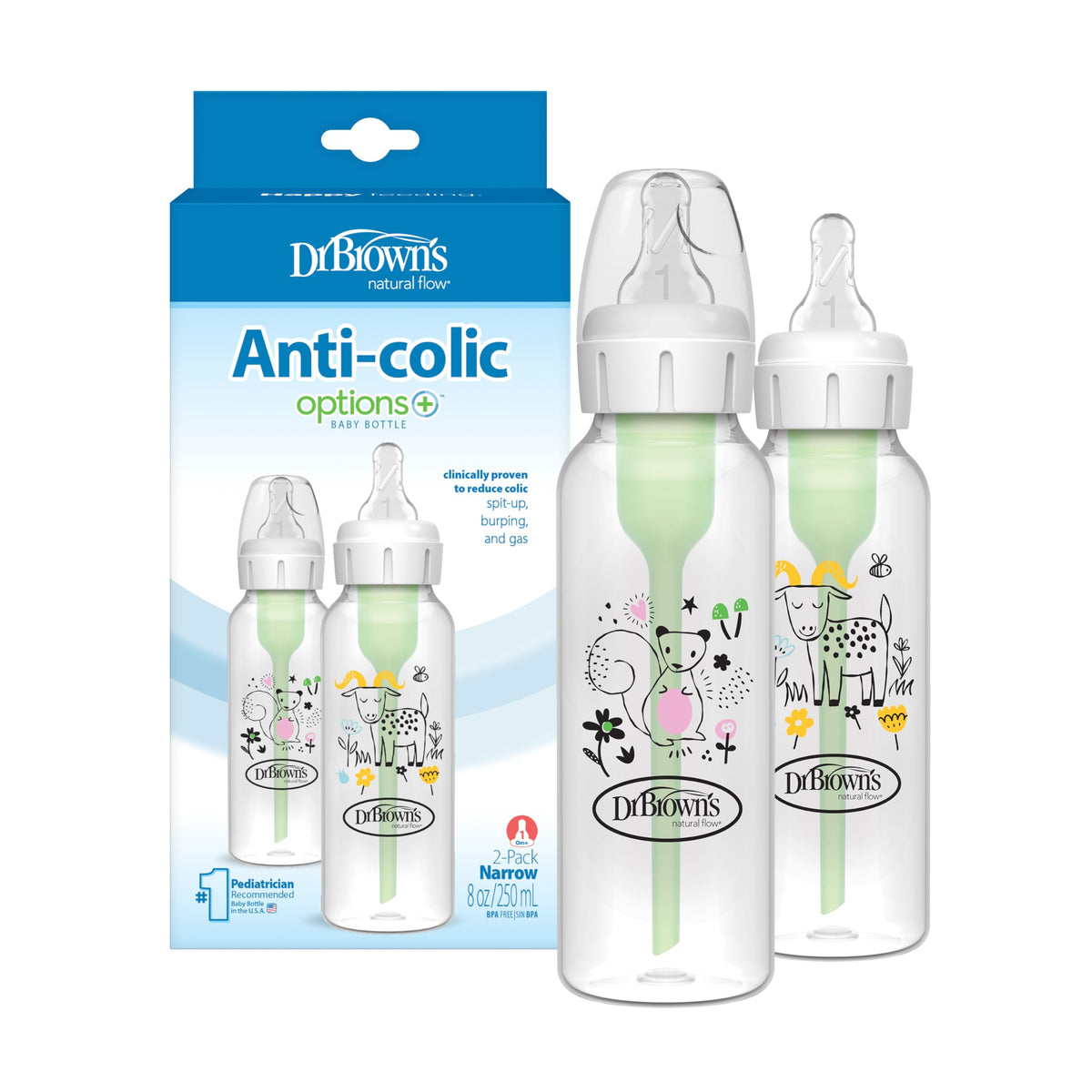 Dr. Brown's natural flow bottle with goat-squirrel pattern, for comfortable feeding