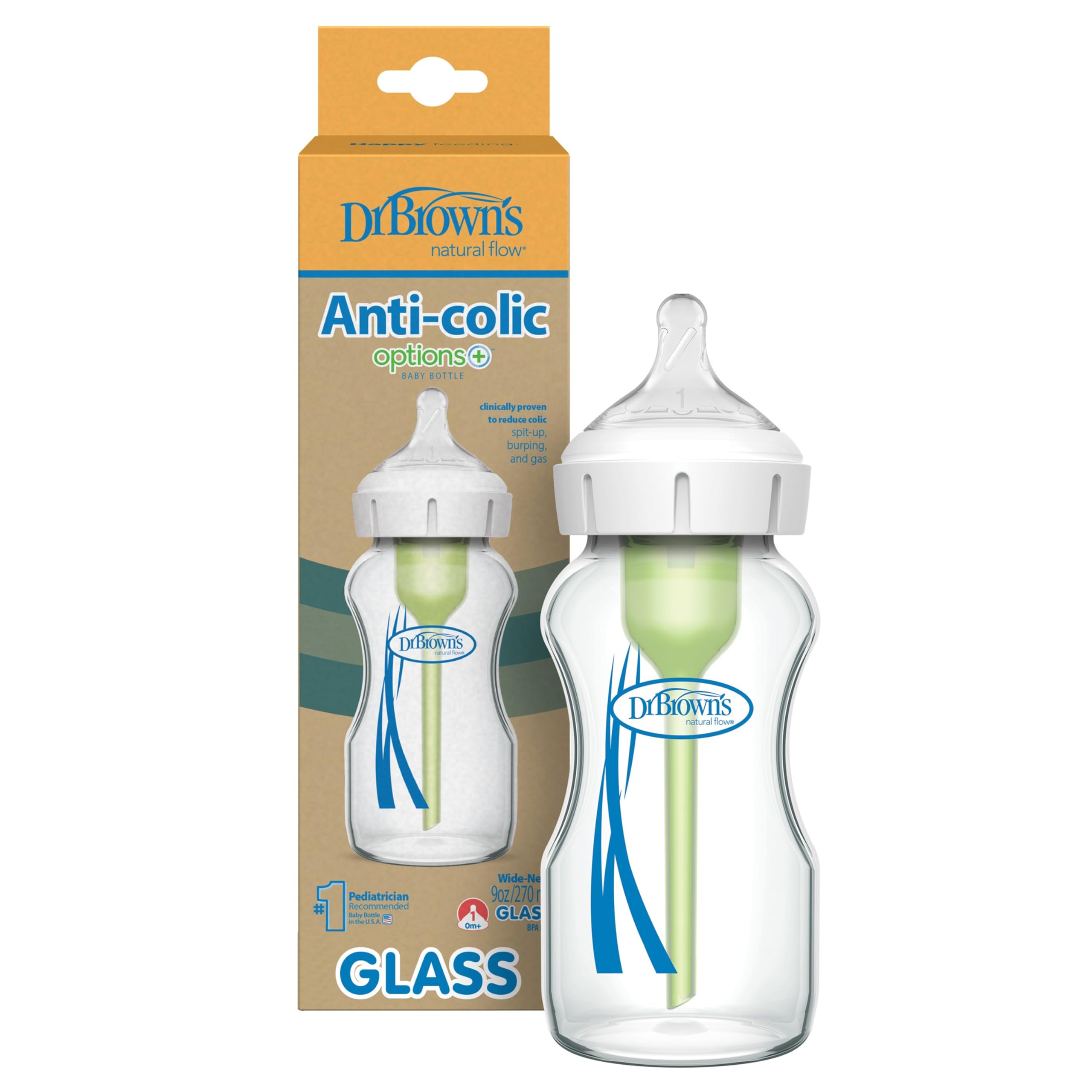 Dr. Brown's anti-colic vent system shown on the glass bottle for calmer feeds.