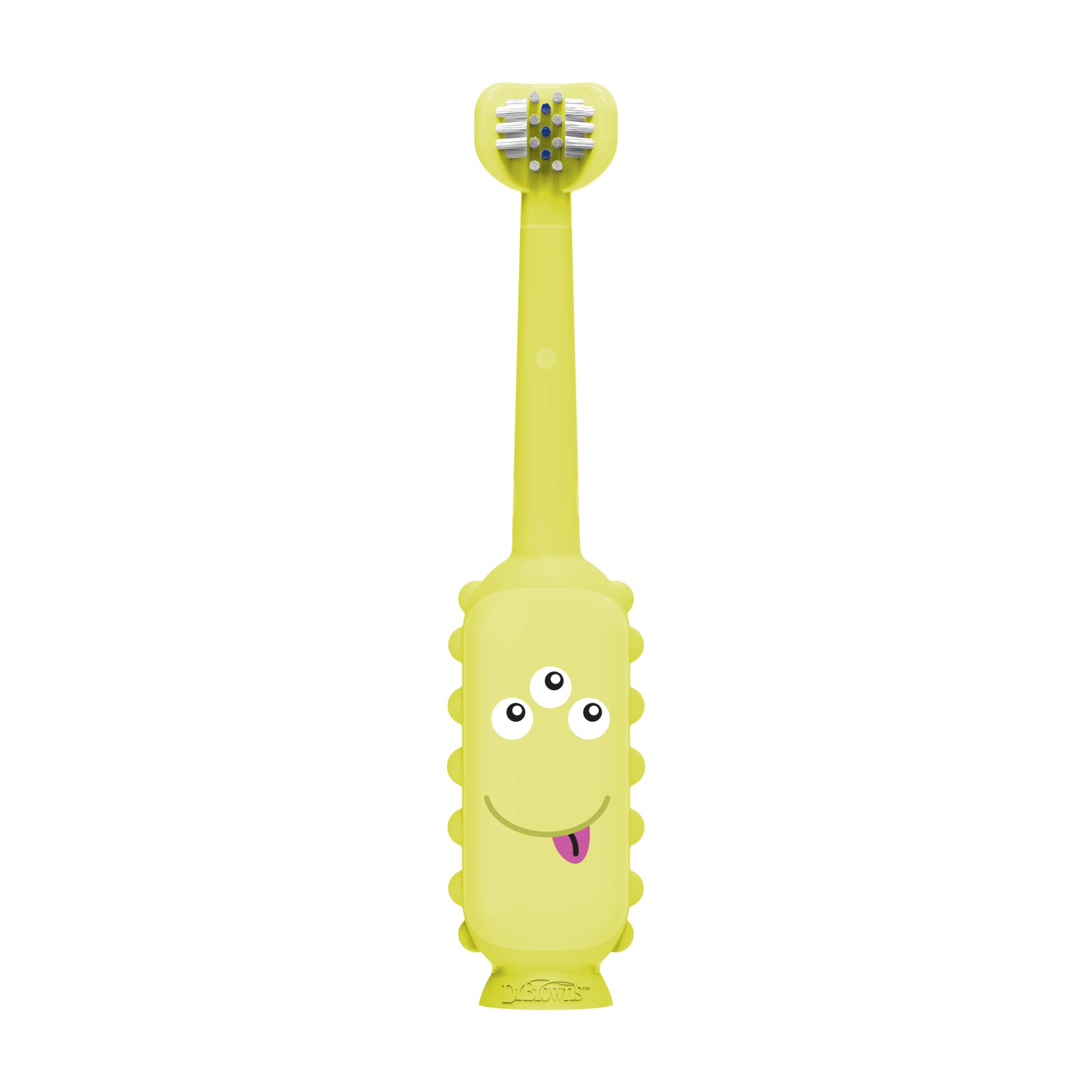 Dr. Brown's ToothScrubber suction cup base keeps the brush upright.