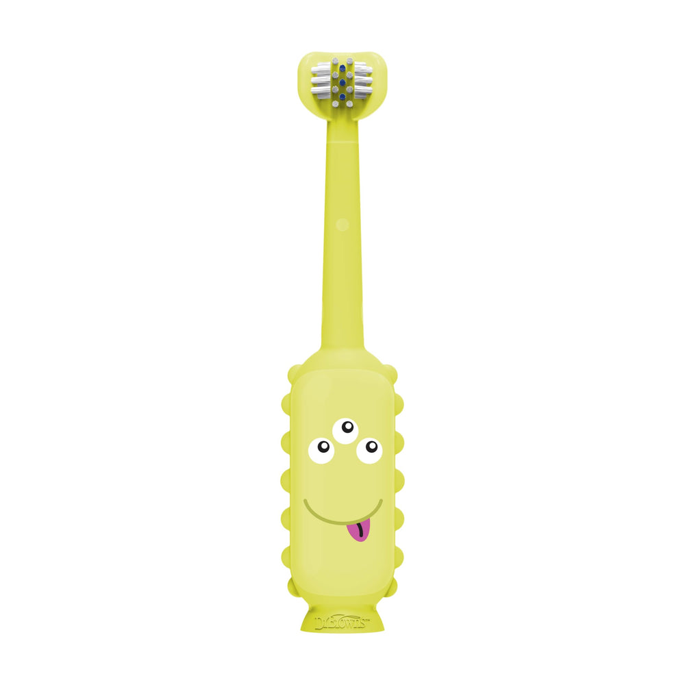Dr. Brown's ToothScrubber suction cup base keeps the brush upright.