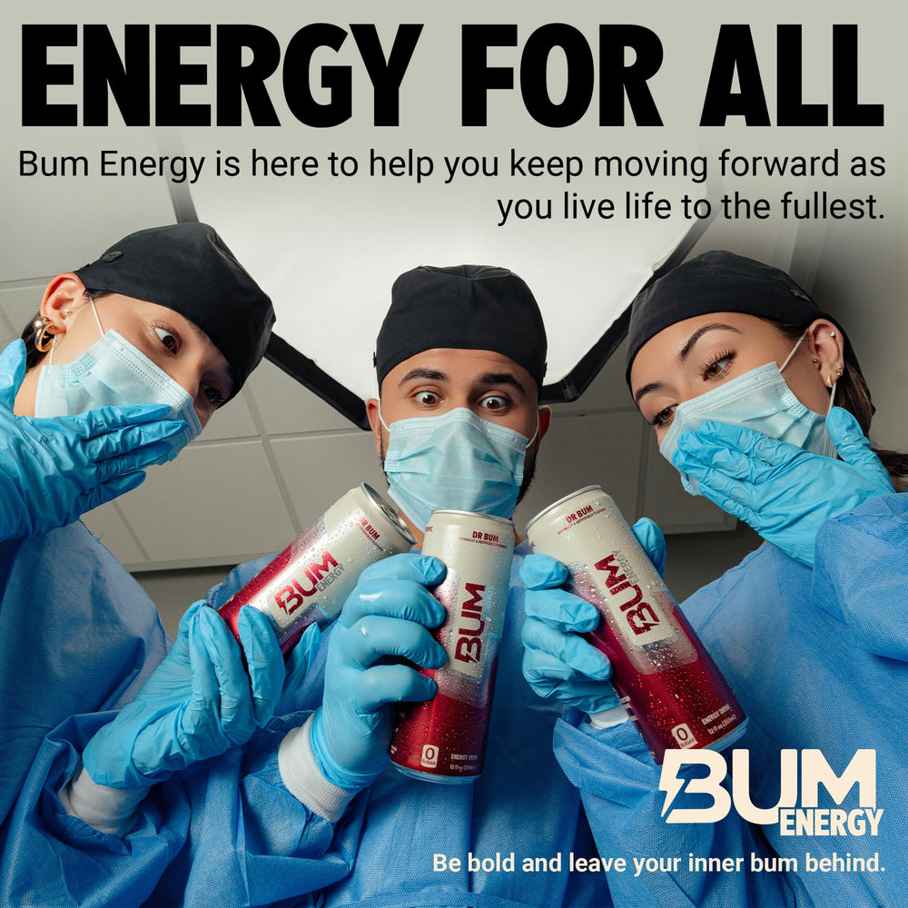 Dr Bum Energy store display with cans.