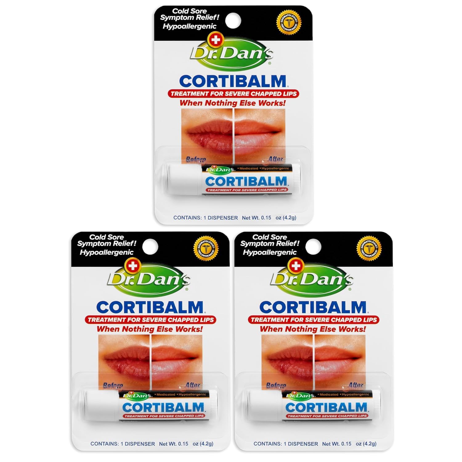 Dr. Dan's Cortibalm 3-pack packaging front for on-the-go lip relief.