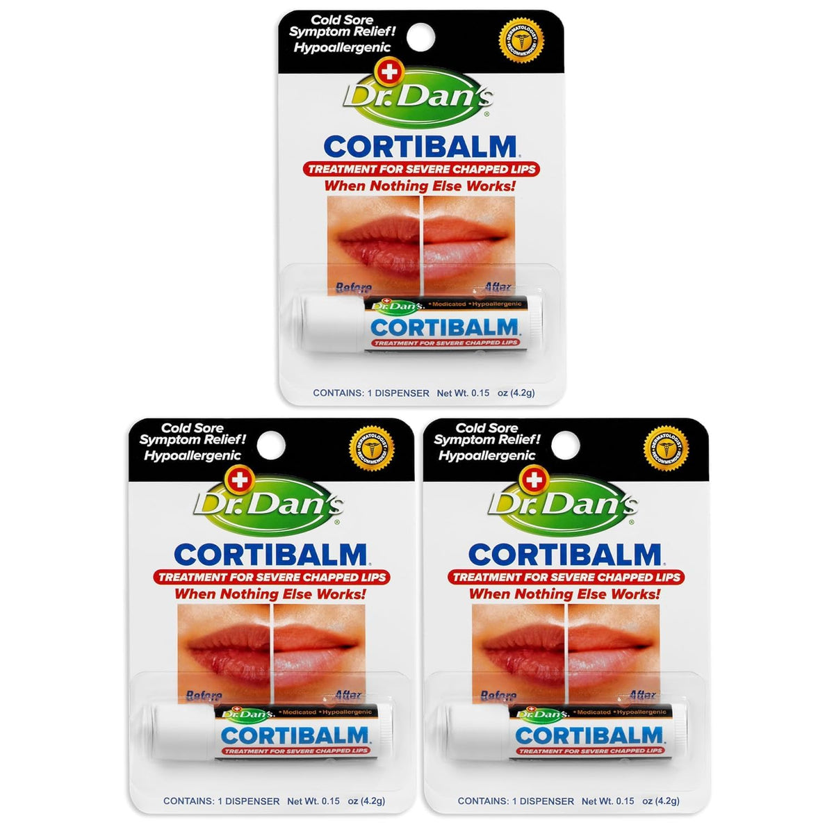 Dr. Dan's Cortibalm 3-pack packaging front for on-the-go lip relief.