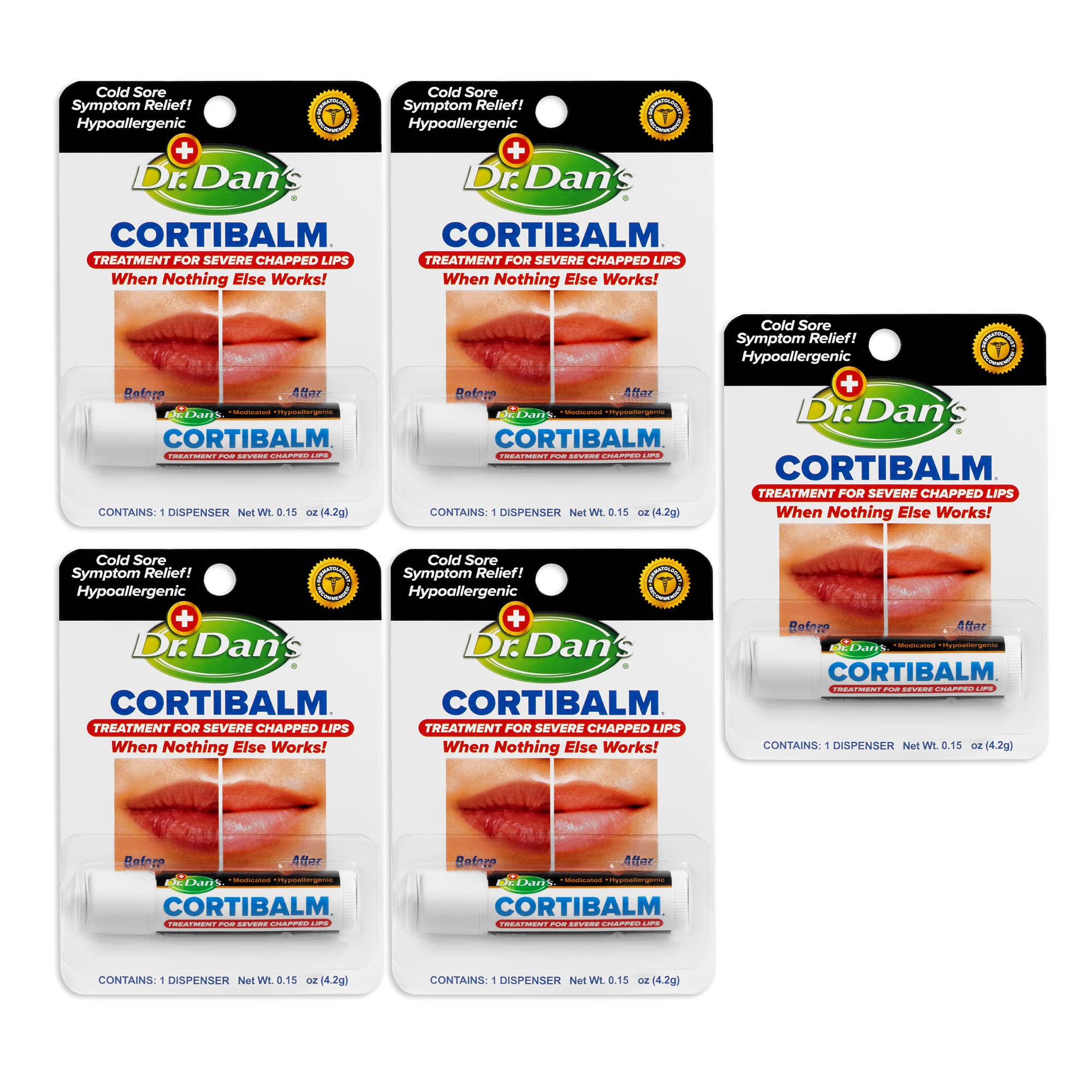 Front view of Dr. Dan's Cortibalm bottle for quick lip relief.