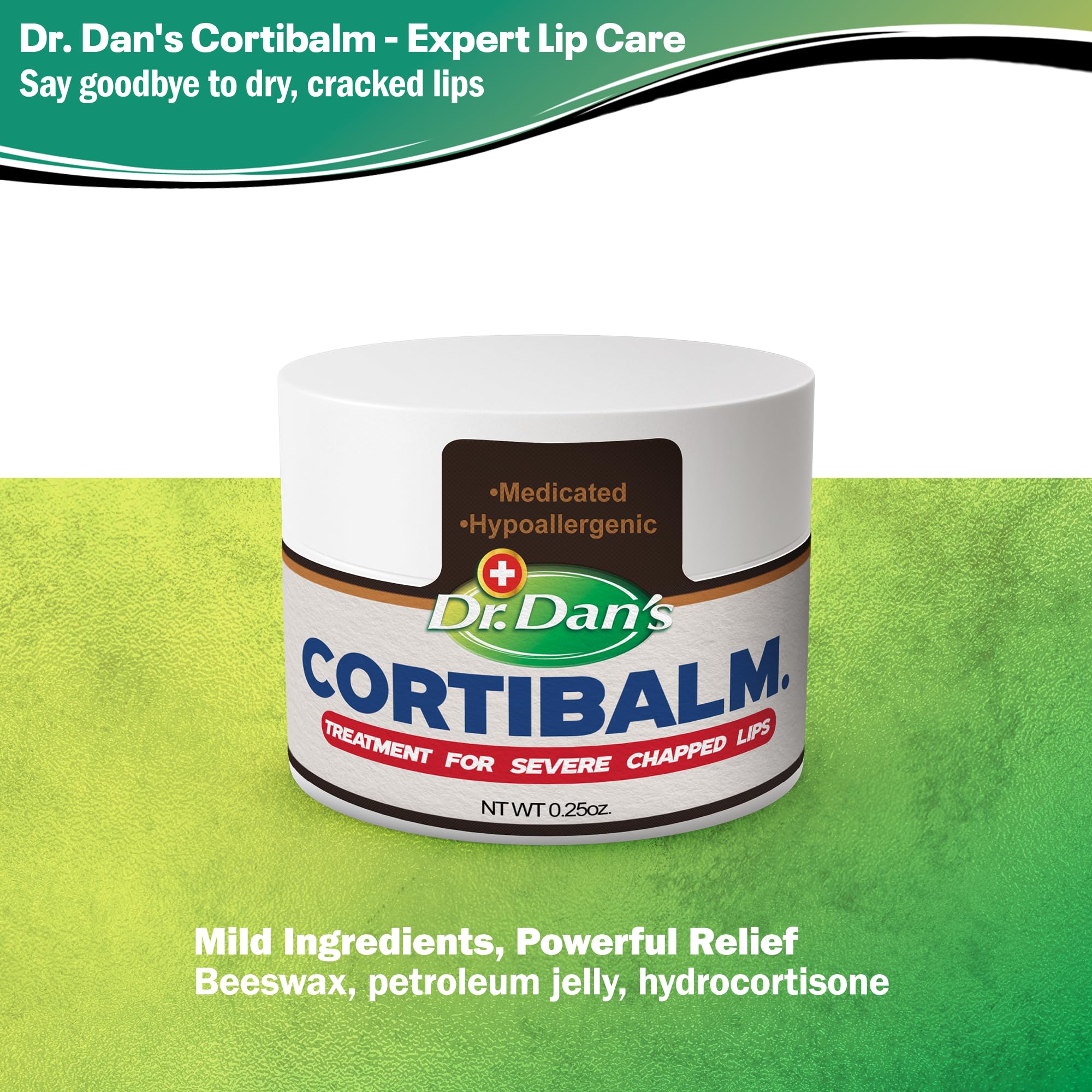 Dr. Dan's Cortibalm application point, smooth lip glide.