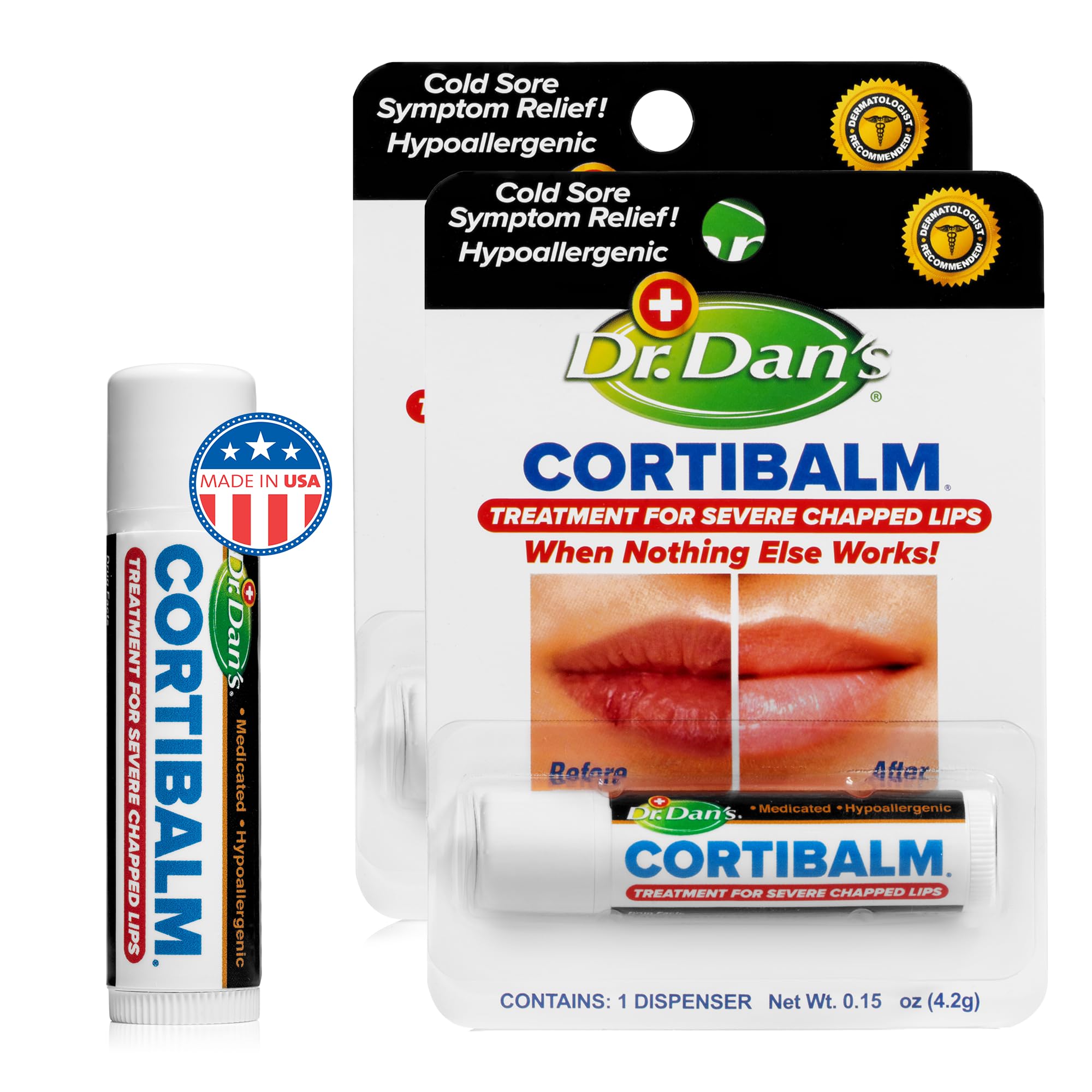 Dr. Dan's Cortibalm hypoallergenic blend packaging for sensitive lips.