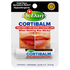 Dr. Dan's Cortibalm tube closeup showing soothing lip treatment for dry lips