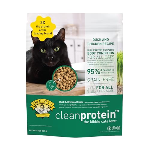 Dr. Elsey's Cleanprotein Duck Kibble label closeup emphasizing grain-free and gluten-free formula.