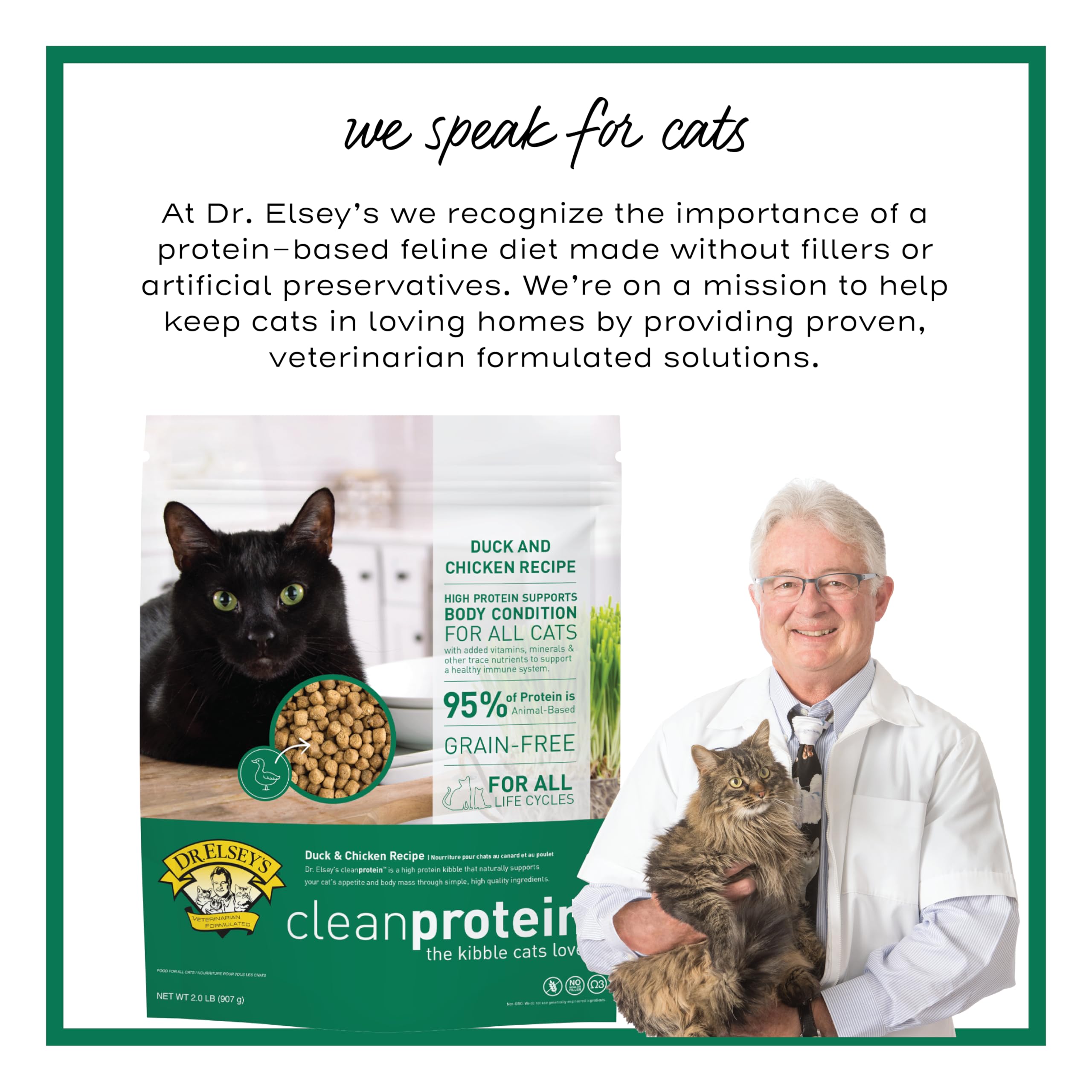 Dr. Elsey's Cleanprotein Duck Cat Kibble serving size, easy measurement on the bag.